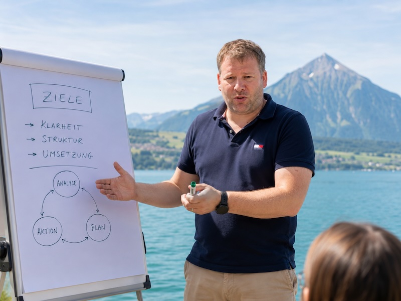 Michu erkl&auml;rt Analyse, Planung und Umsetzung in einer Business-Beratung am See