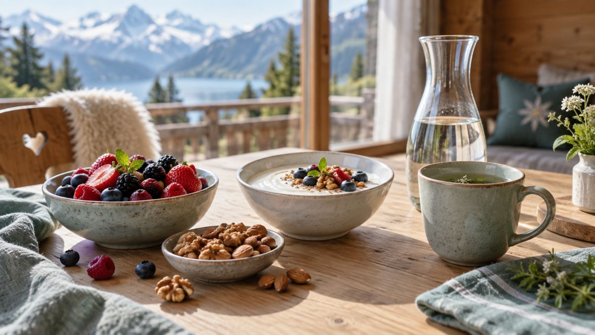 Beeren, Nüsse und Wasser als Symbolbild für ausgewogene Ernährung