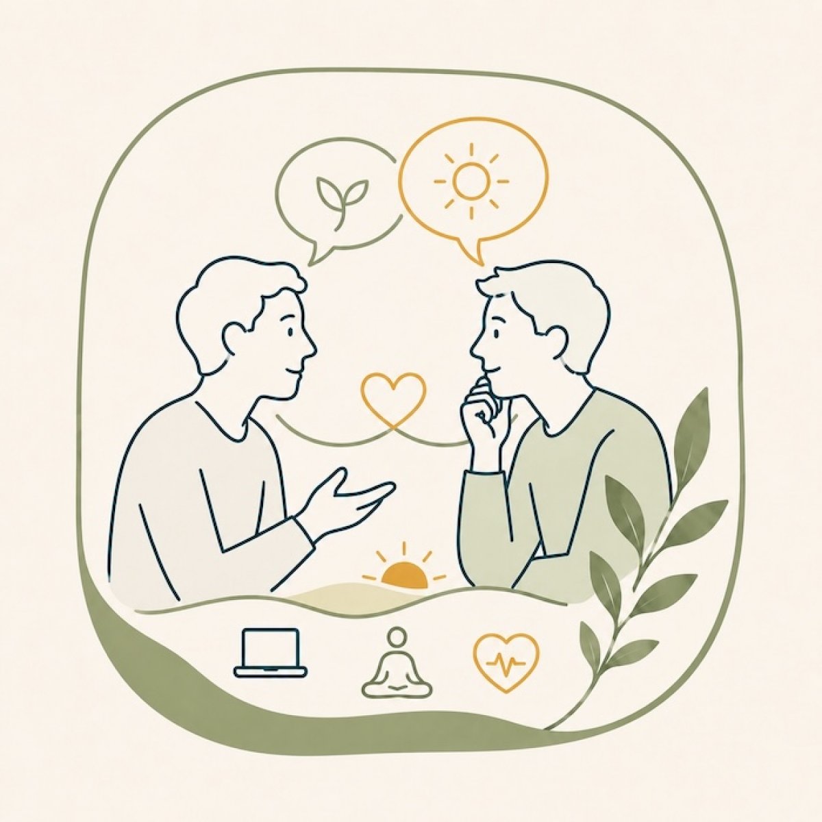 Illustration von zwei Personen im Gespräch mit Sprechblasen und Herzsymbol.