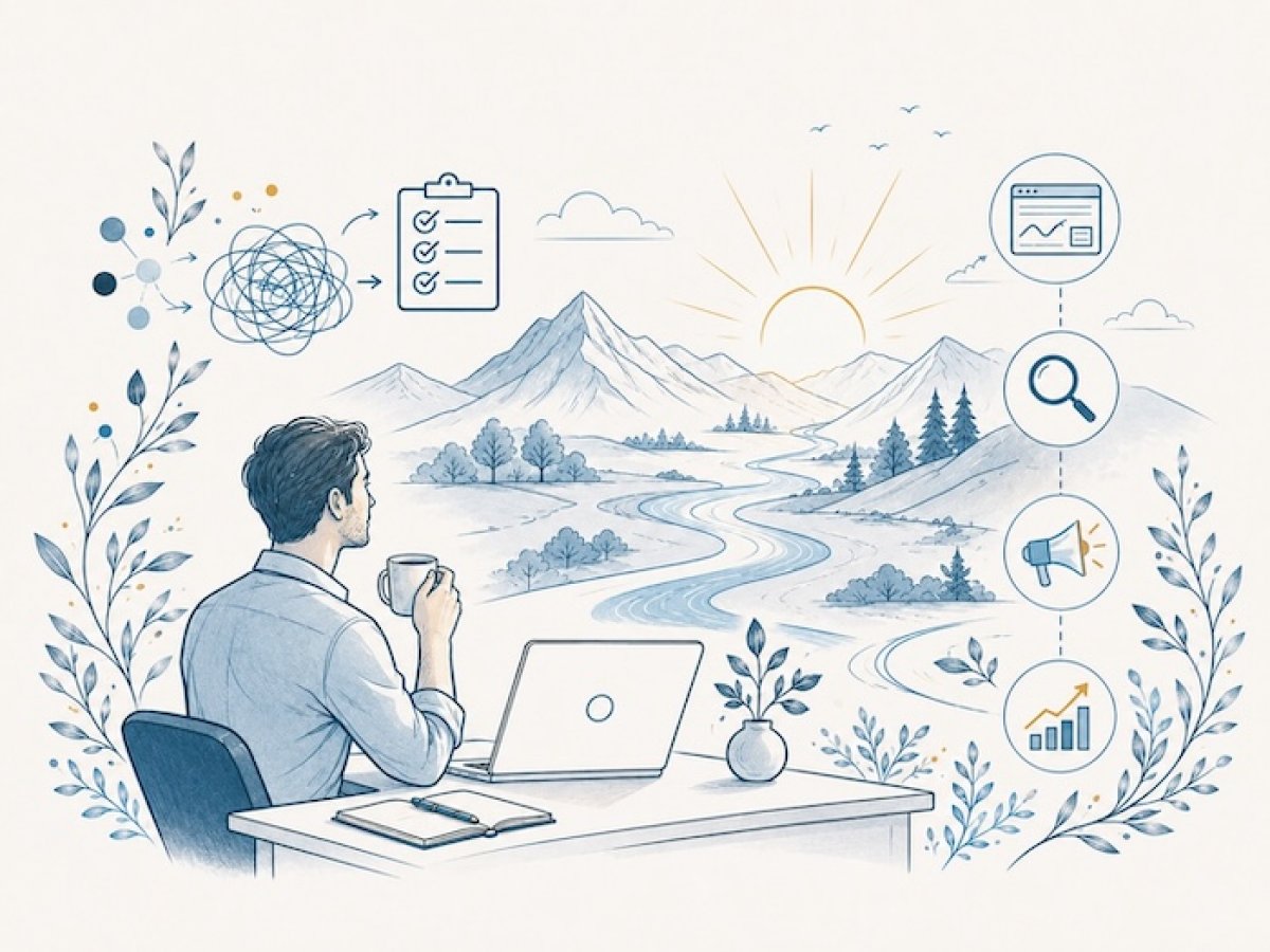 Illustration eines Mannes am Laptop vor einer Berglandschaft mit Fluss und Geschäftssymbolen.