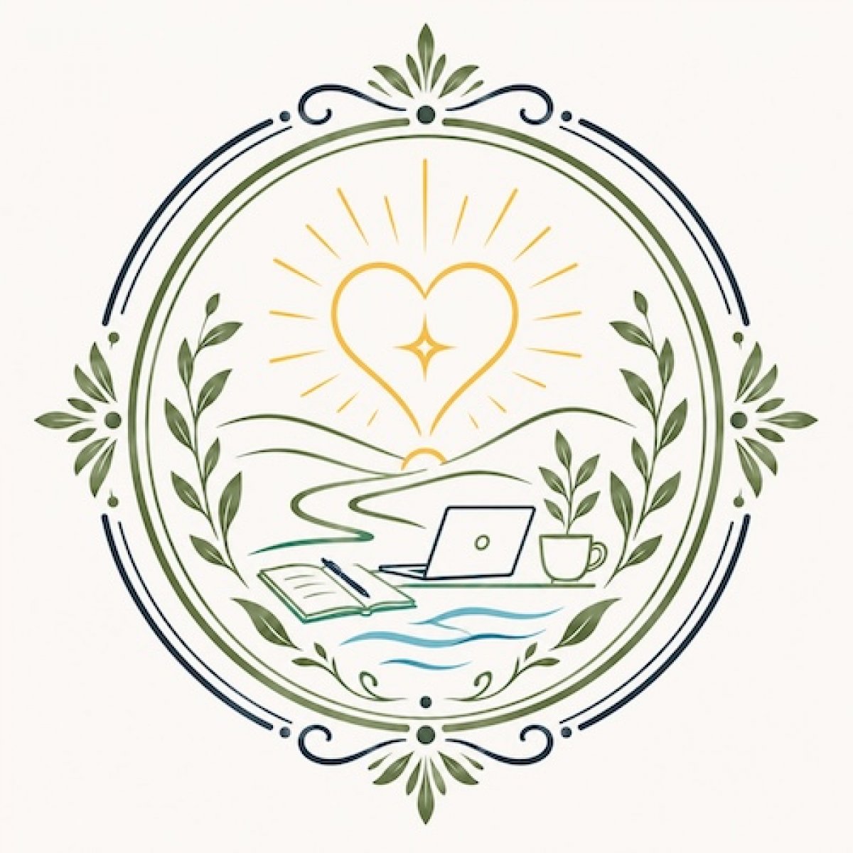 Illustration eines Herzens über einem Laptop, Notizbuch und einer Tasse.