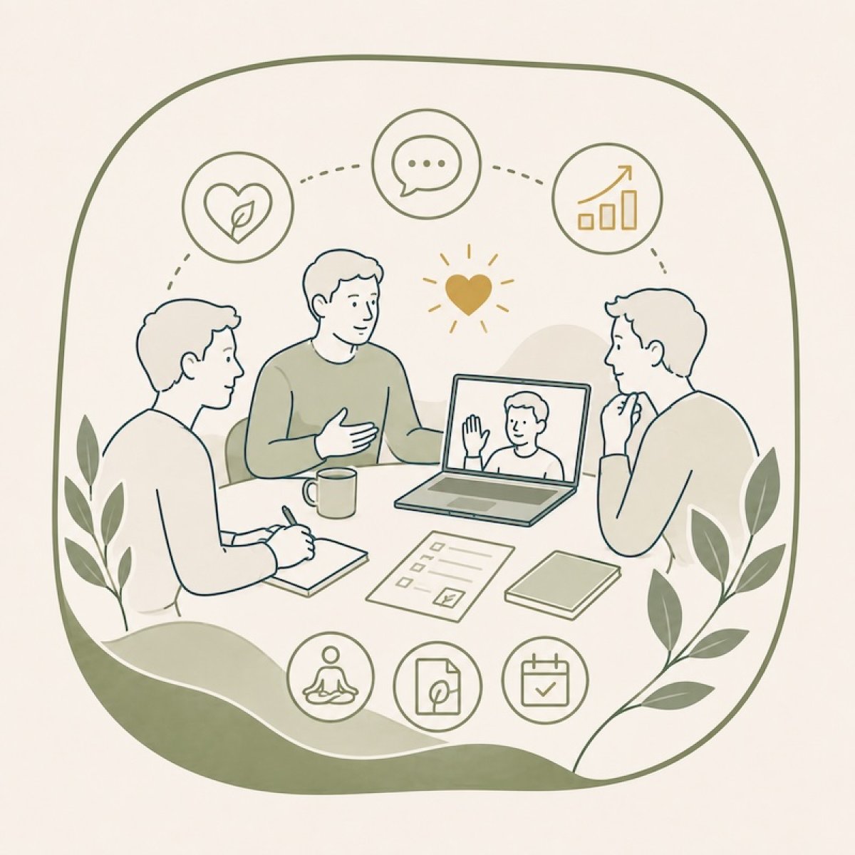Illustration von drei Personen am Tisch und einer weiteren Person im Videoanruf.