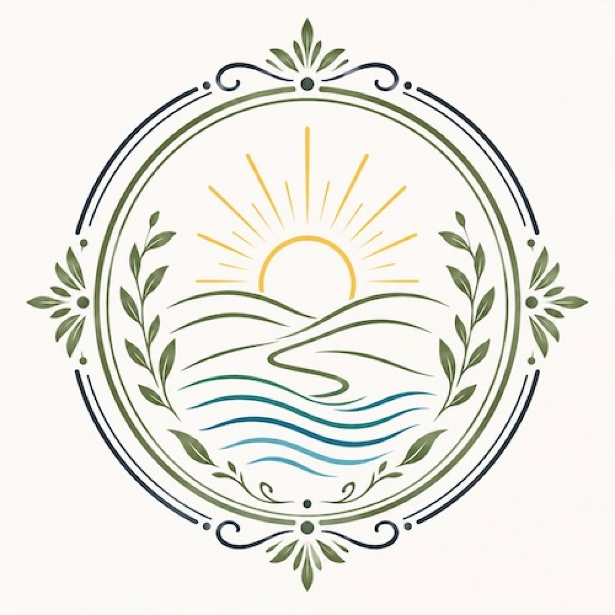Illustration einer aufgehenden Sonne über Hügeln und Wasser.