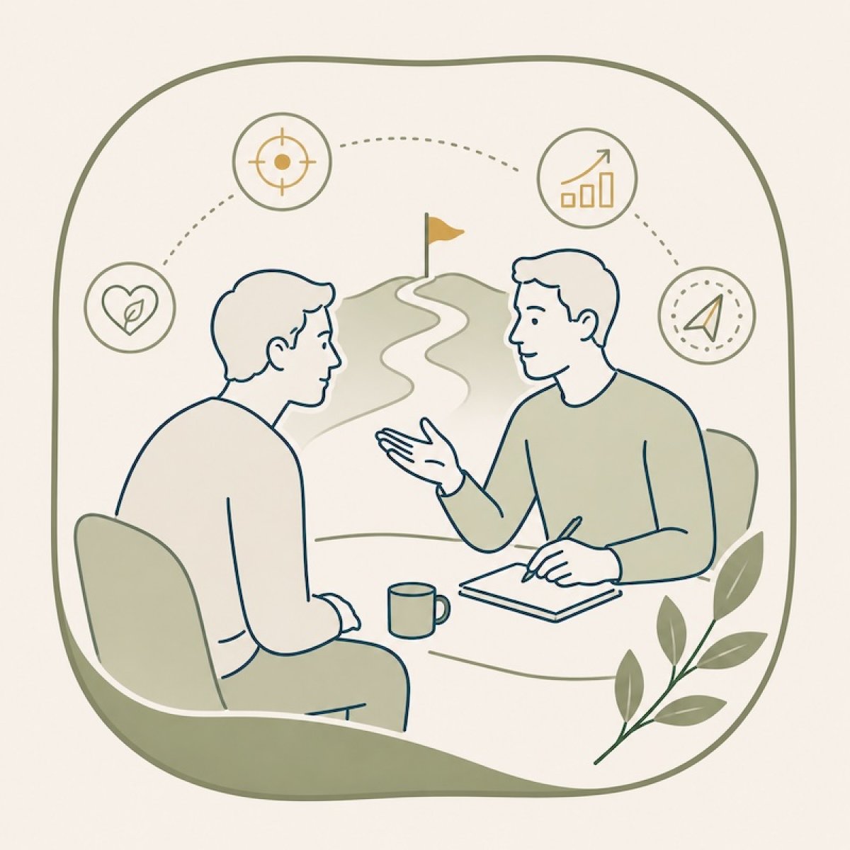 Illustration von zwei Männern im Gespräch an einem Tisch mit Notizbuch.