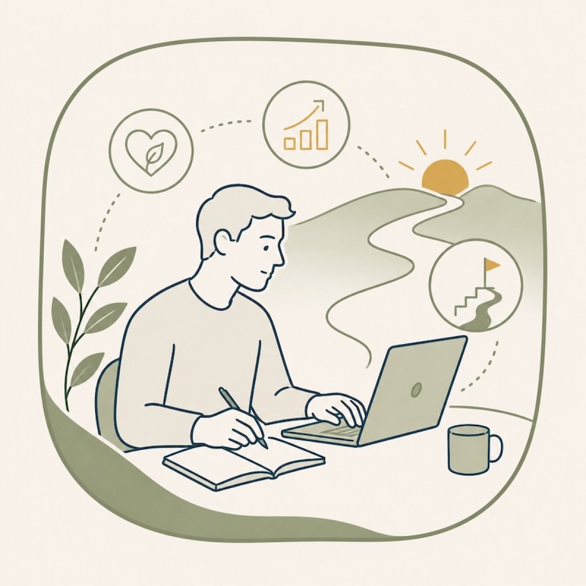 Illustration eines Mannes am Laptop mit einem offenen Notizbuch.