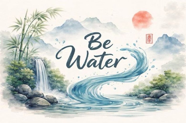 Be Water – Aquarell mit Welle, Wasserfall, Bambus und Bergen.