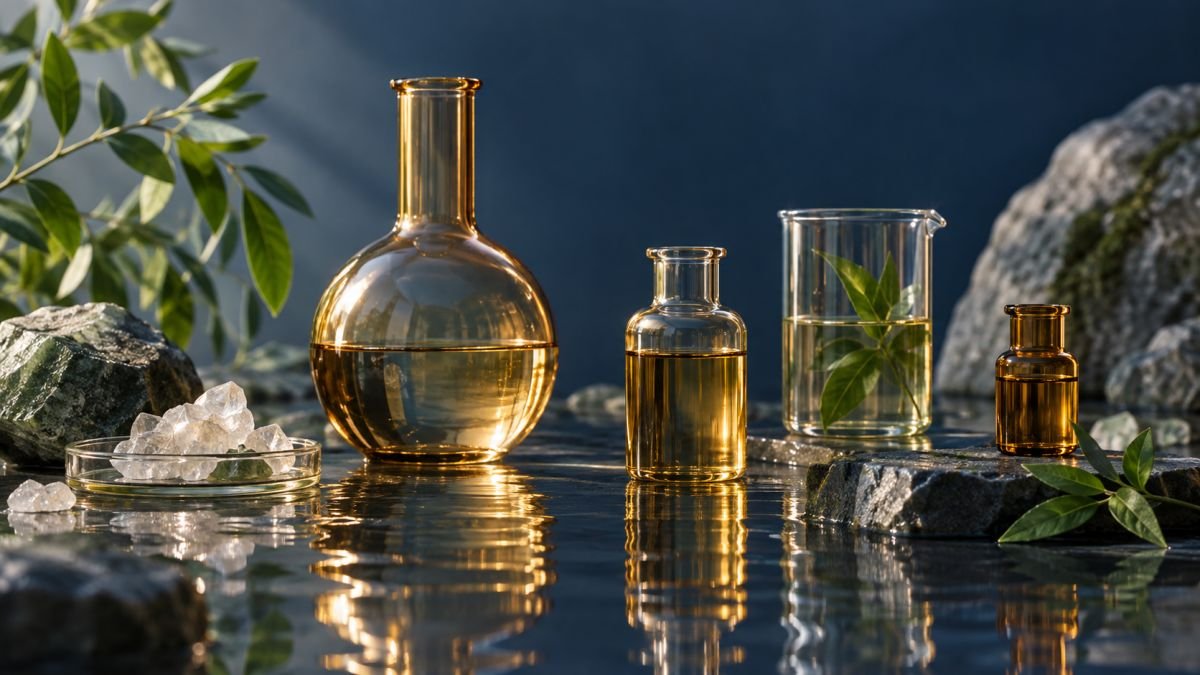 Mikronährstoff-Komposition mit Glasgefässen, Mineralien und Pflanzen