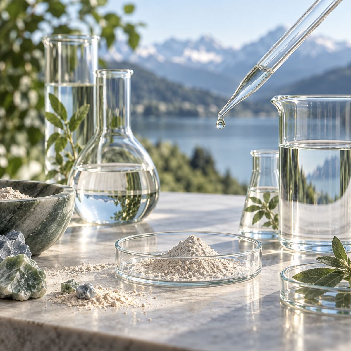 Laborgefässe und Mineralpulver vor einer ruhigen Berglandschaft