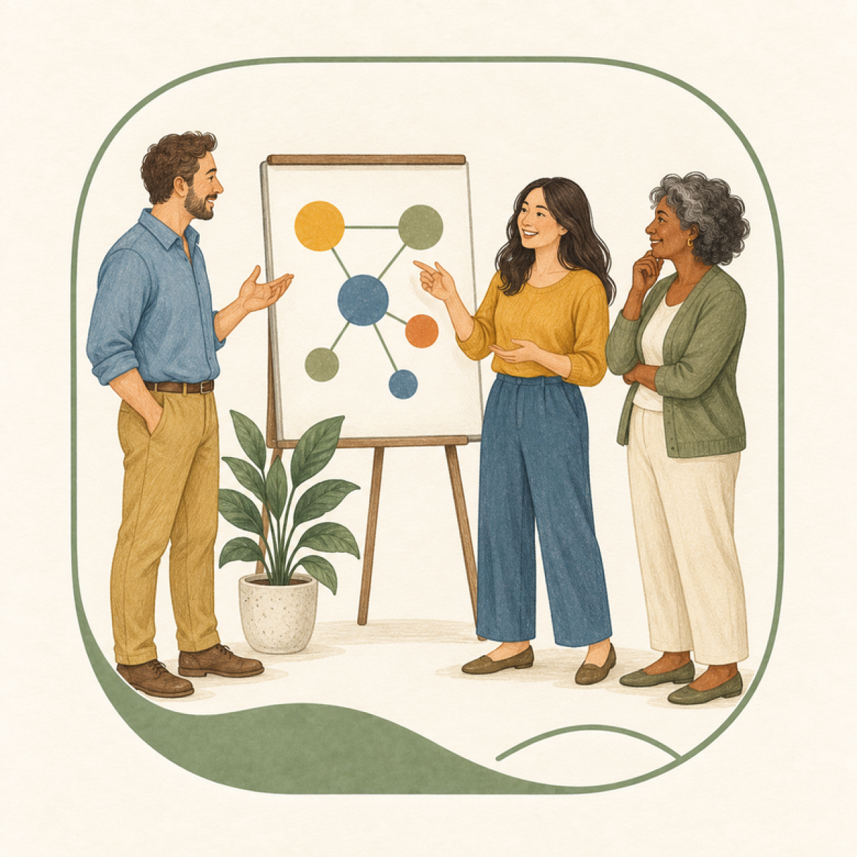 Illustration: Menschen tauschen sich vor einem Flipchart aus