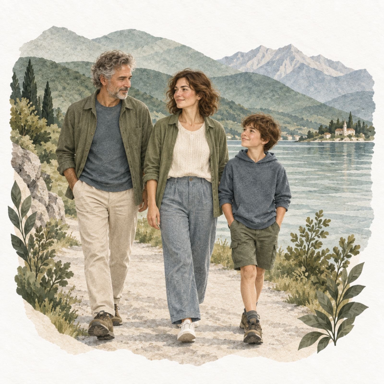 Familie beim Spaziergang am See – natürliche Illustration zu Familiengeschichte und Generationen