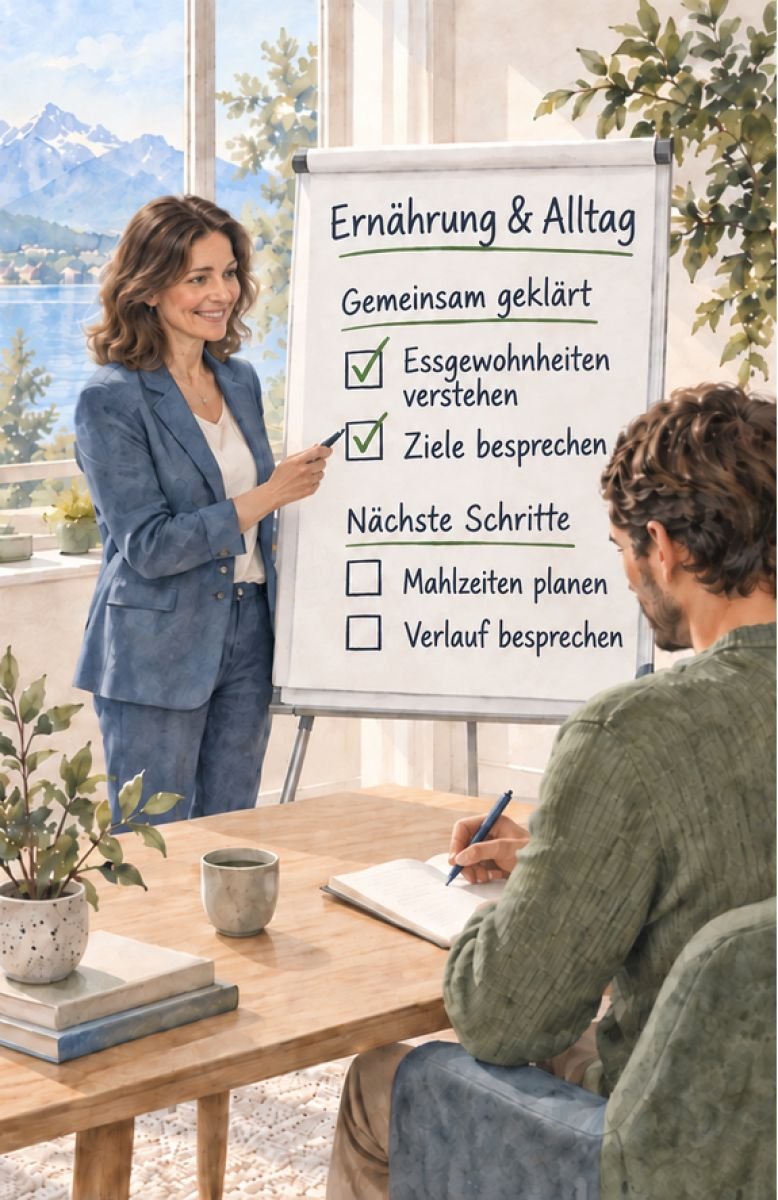 Braunhaarige Beraterin erklärt am Flipchart Ernährung & Alltag: Essgewohnheiten verstehen, Ziele besprechen, Mahlzeiten planen und Verlauf besprechen
