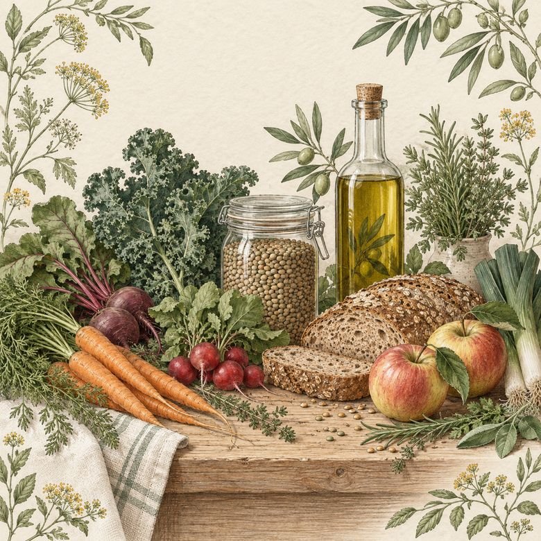 Gemüse, Hülsenfrüchte, Vollkornbrot und Olivenöl – natürliche Illustration zur abwechslungsreichen Ernährung