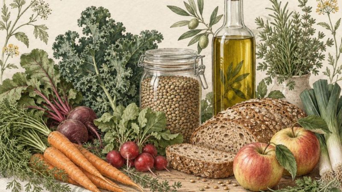 Illustration mit Gemüse, Vollkornbrot, Linsen, Äpfeln und Olivenöl