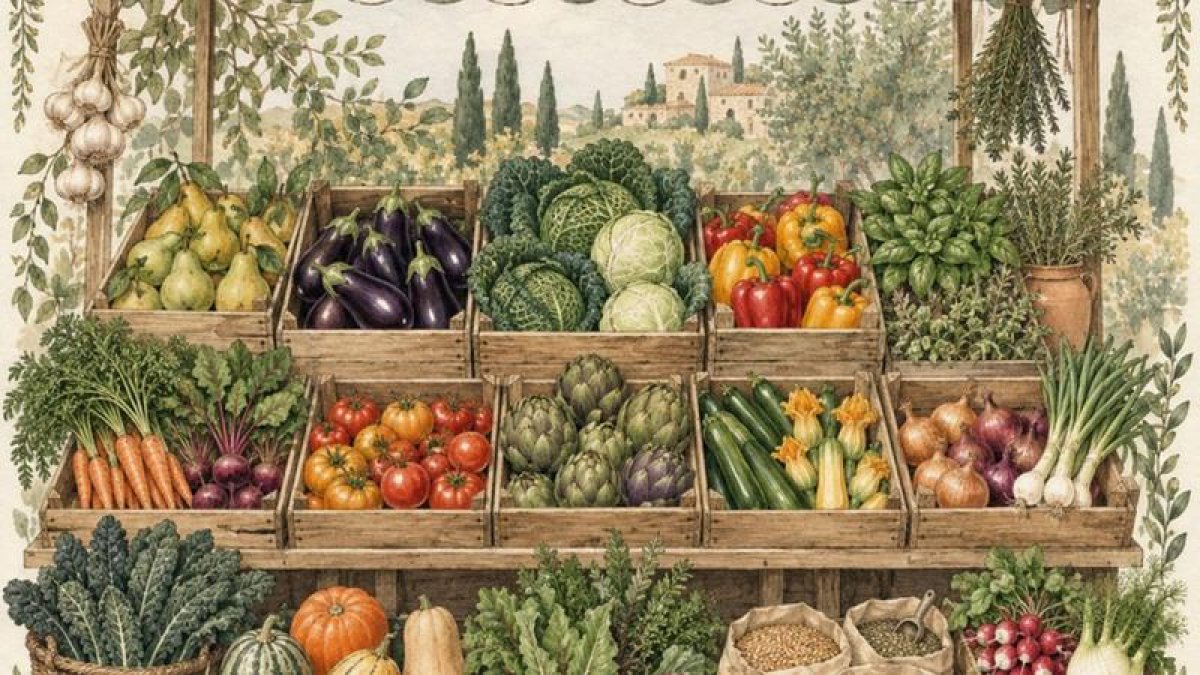 Illustration eines Marktstands mit vielfältigem Gemüse in Holzkisten