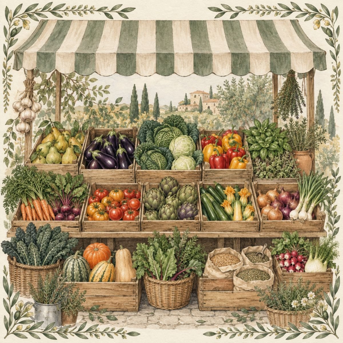 Illustration eines Marktstands mit vielfältigem Obst und Gemüse