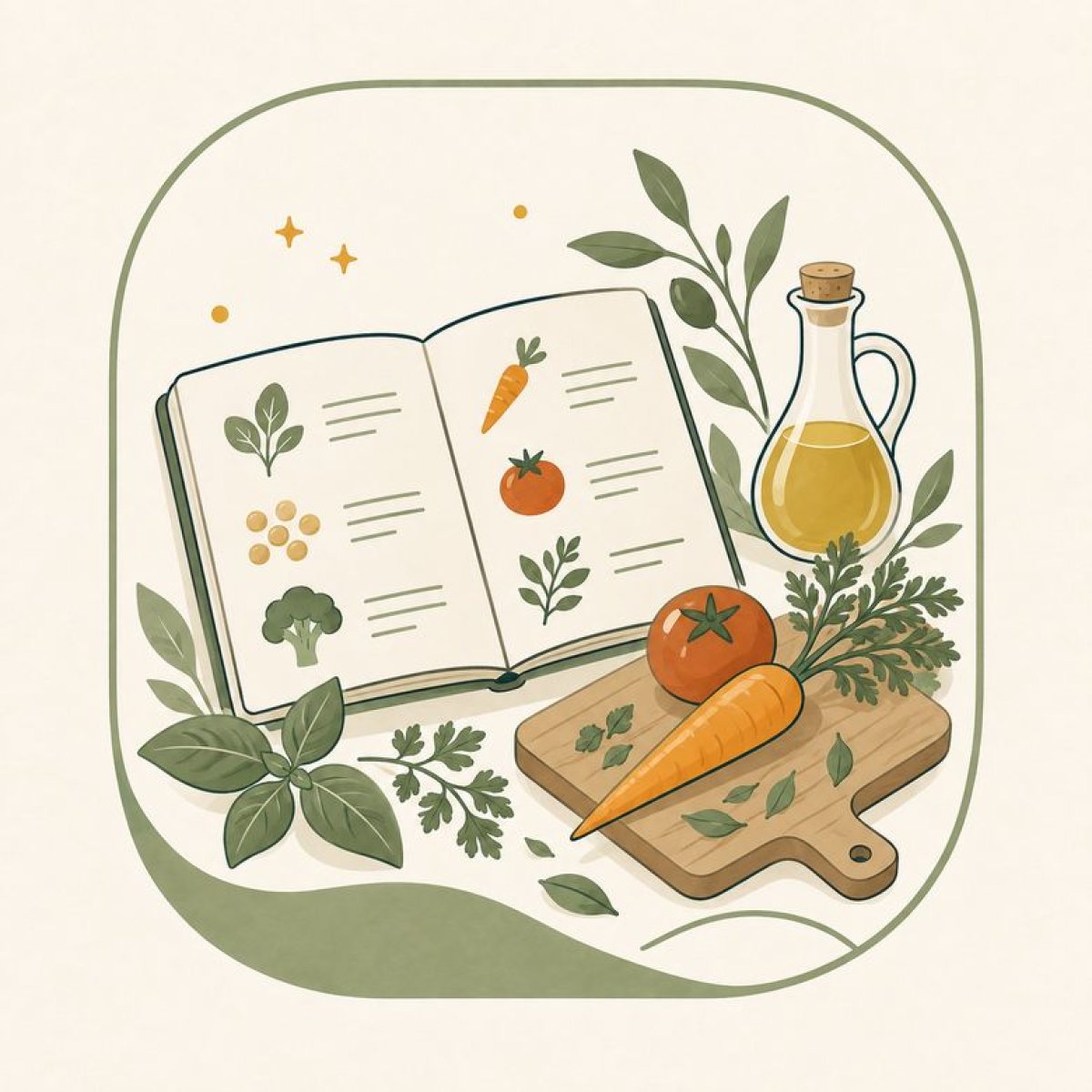 Illustration eines Rezeptbuchs mit Karotte, Tomate, Kräutern und Öl