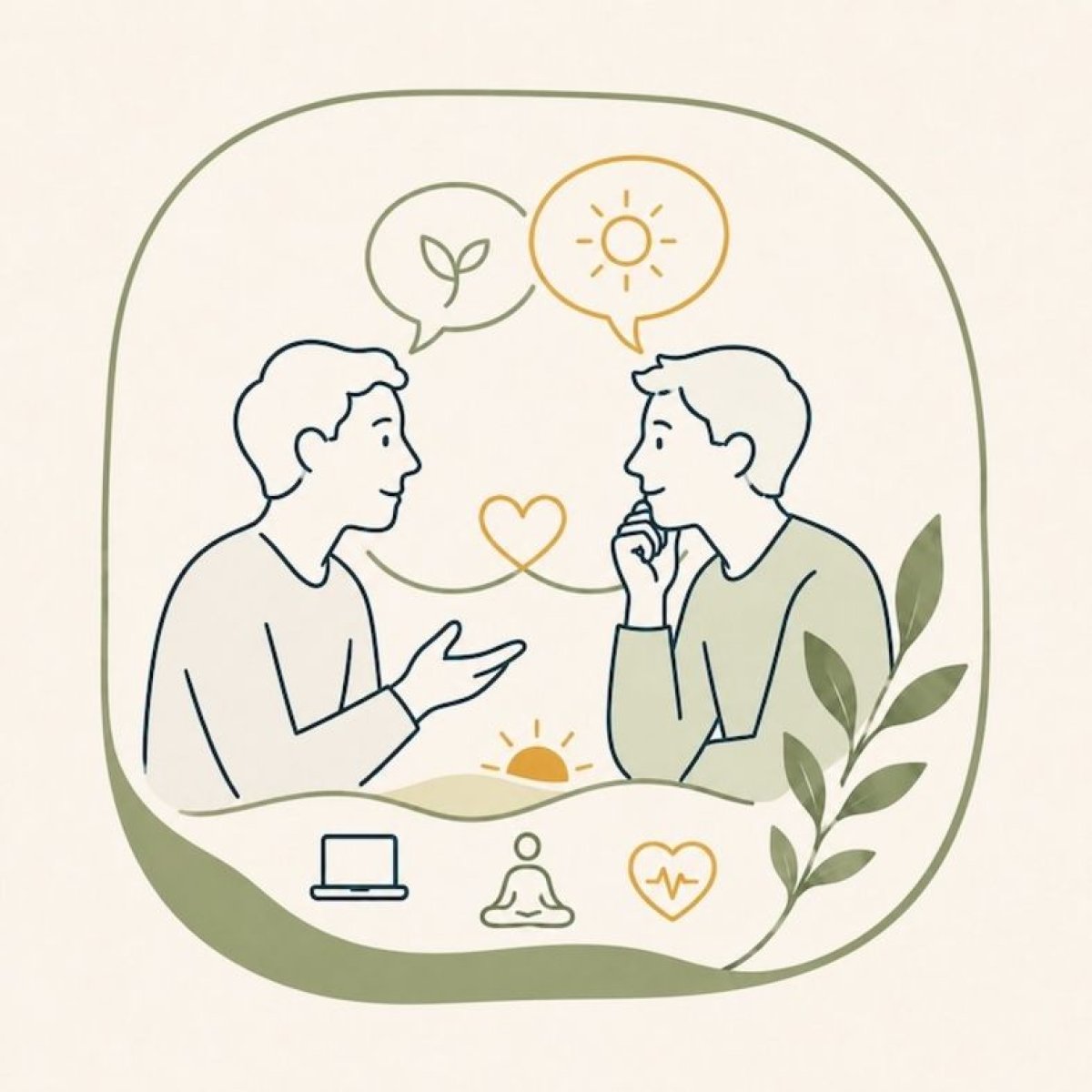 Illustration von zwei Personen im Gespräch mit Sprechblasen und Herzsymbol.