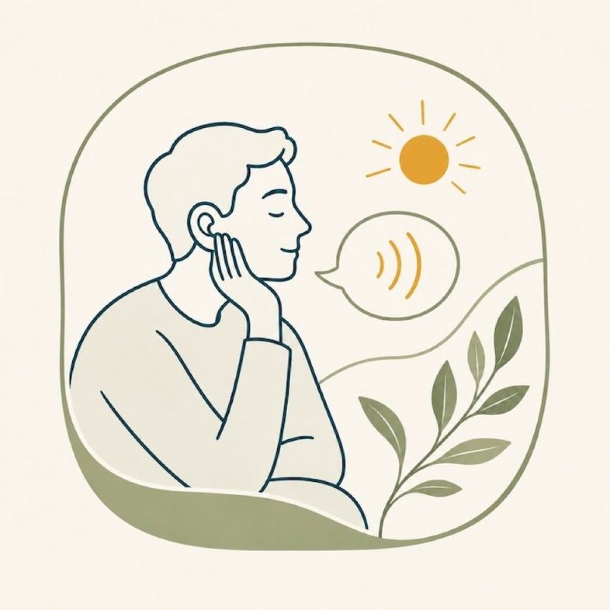 Illustration einer Person mit der Hand am Ohr neben einer Sprechblase.