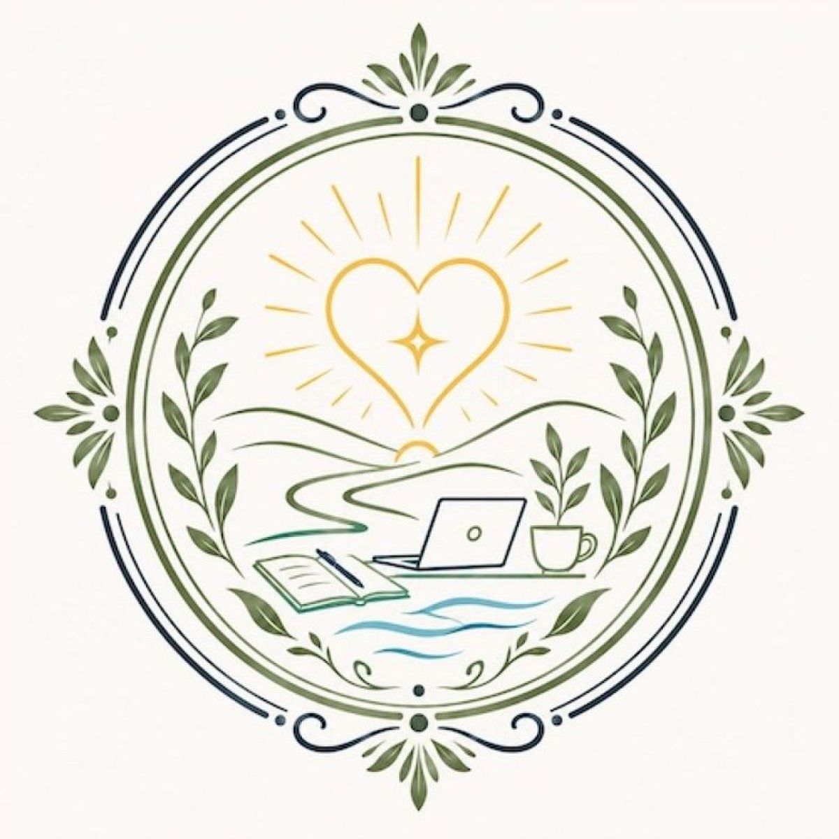 Illustration eines Herzens über einem Laptop, Notizbuch und einer Tasse.