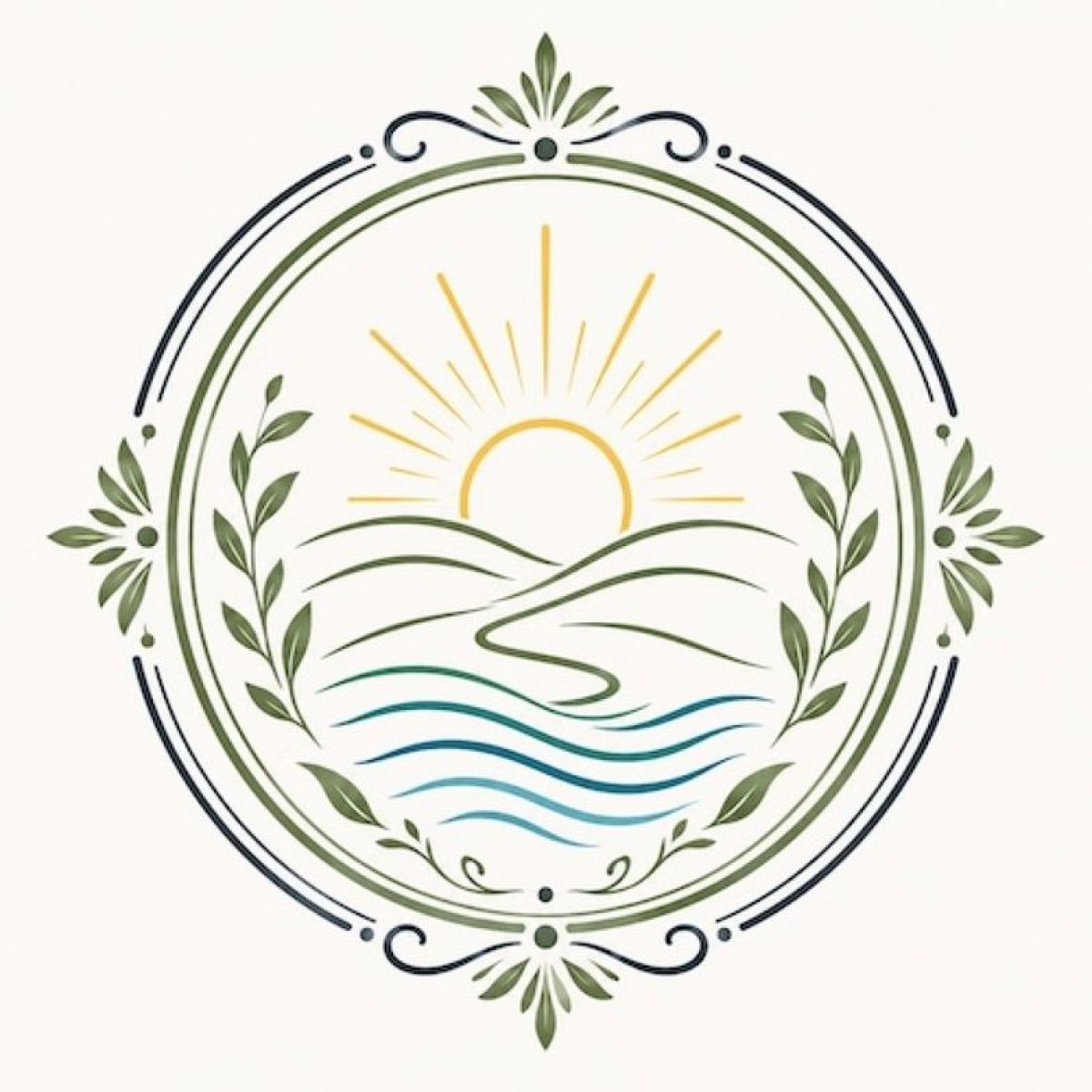 Illustration einer aufgehenden Sonne über Hügeln und Wasser.