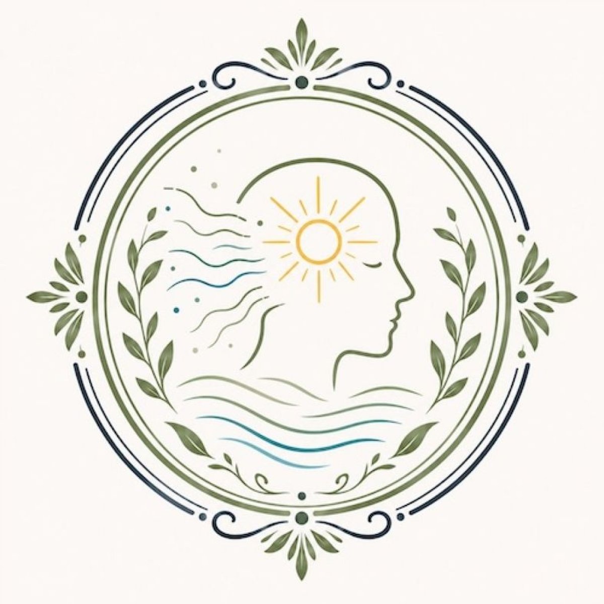 Illustration eines Kopfprofils mit Sonne und fliessenden Linien.