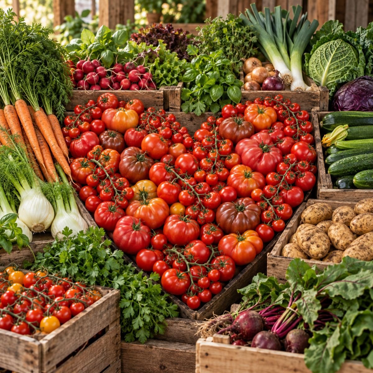 Regionales saisonales Gemüse auf einem Marktstand