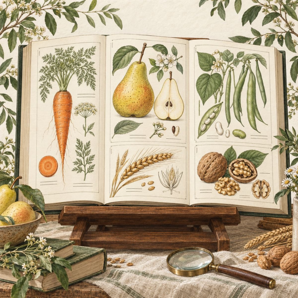 Botanisch illustriertes Lebensmittellexikon mit Getreide, Nüssen, Früchten und Gemüse