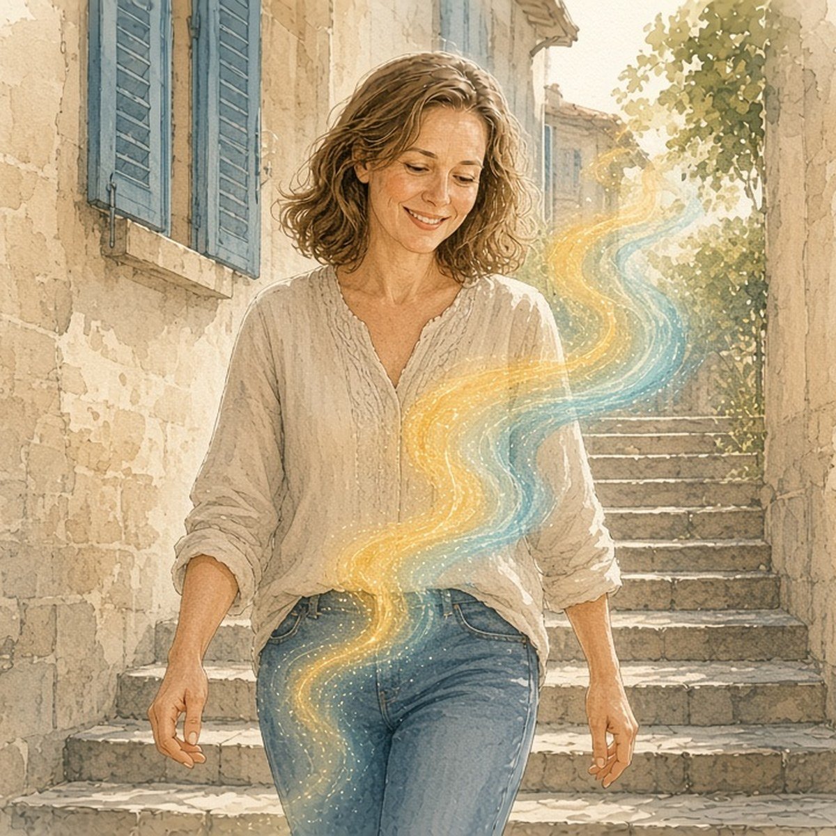 Frau um die 45 geht leichtfüssig eine Altstadttreppe entlang, ein feiner goldener und türkiser Energiestrom fliesst durch ihren Körper.