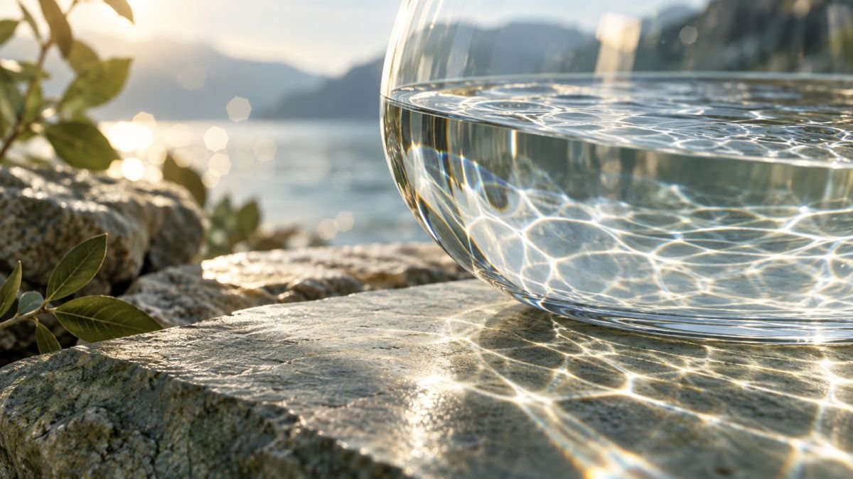 Wasser im Glas mit Lichtreflexen – Symbolbild für Wasser an Oberflächen