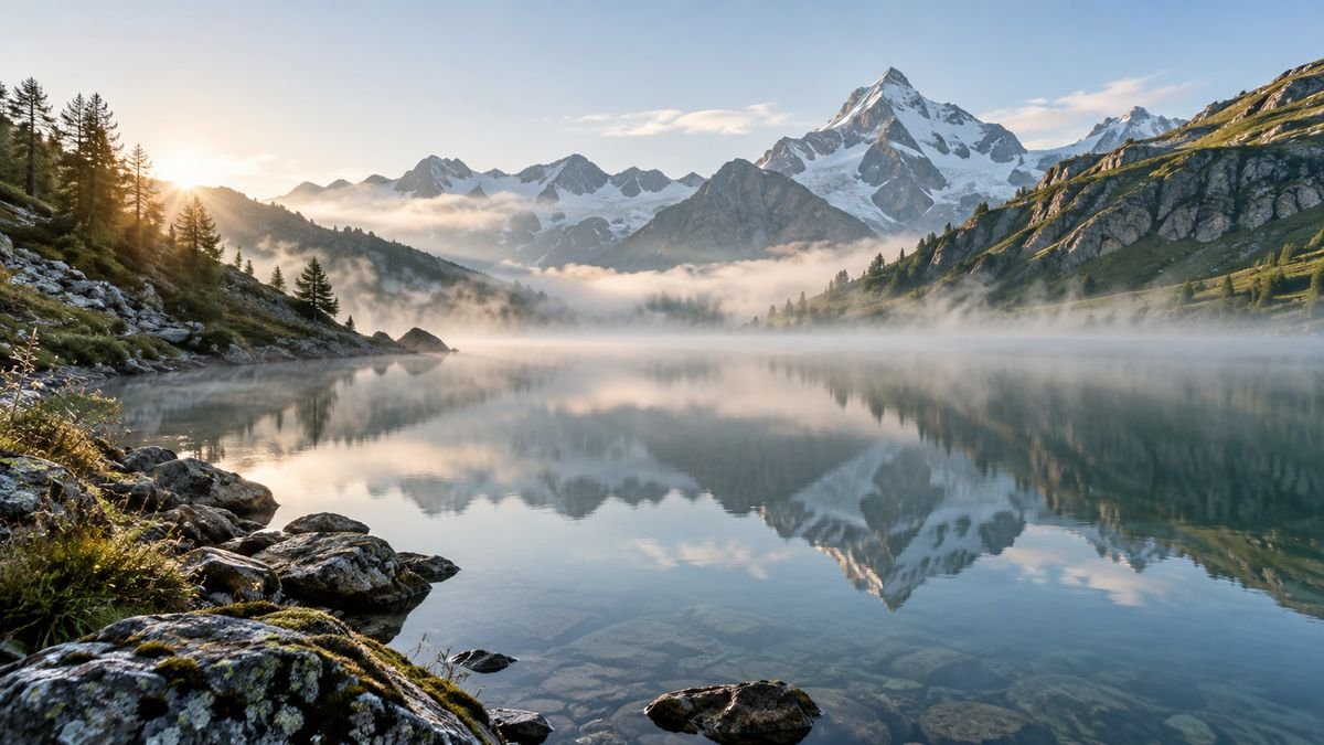 Ruhiger Alpensee mit Bergen als Bild für Regeneration und Balance