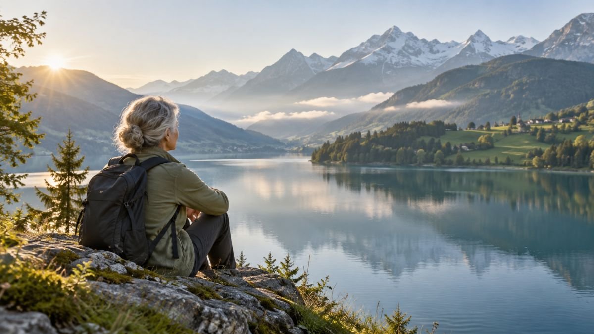 Ältere Person blickt über einen ruhigen Alpensee auf die Berge