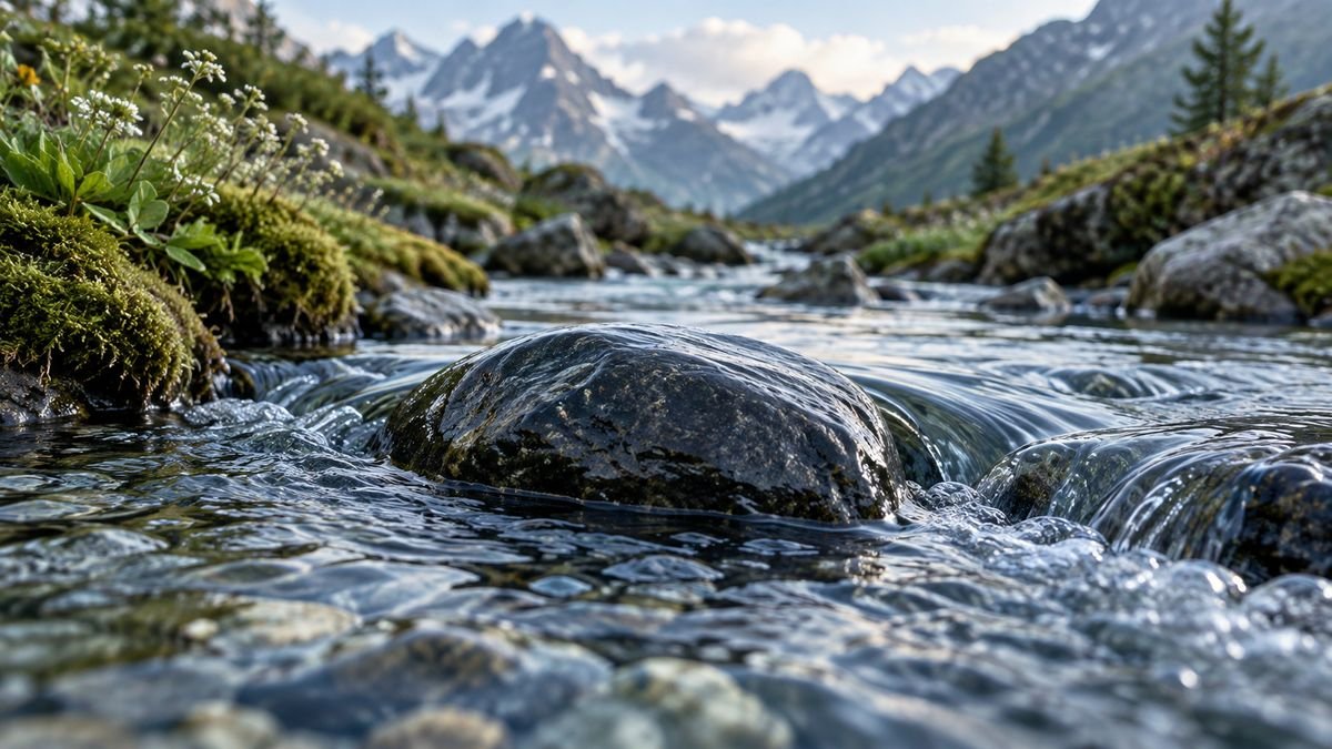 Fliessendes Wasser um einen Stein in einer Berglandschaft als Bild für Ruhe und Balance
