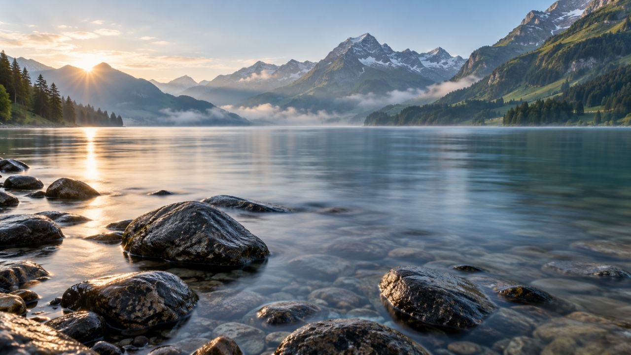 Ruhiger Bergsee mit fliessendem Wasser und Steinen als Symbol für Klarheit und beständige Kraft