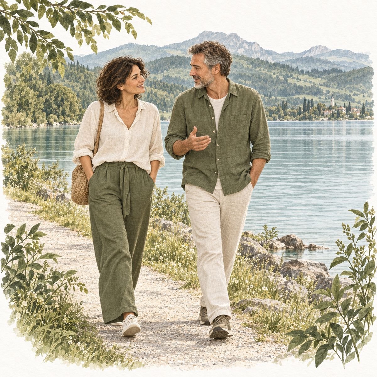 Frau und Mann gehen gemeinsam einen Weg am See