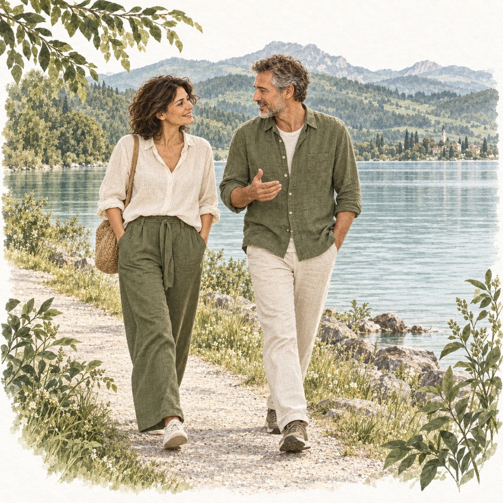 Frau und Mann im Gespräch bei einem Spaziergang am See – natürliche Illustration zu Psyche, Beziehungen und gesundem Umfeld