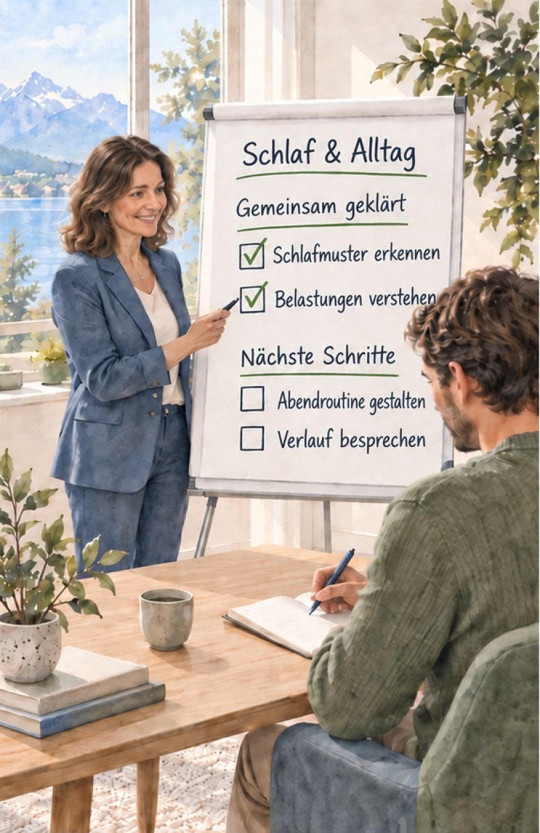 Braunhaarige Beraterin erläutert Schlafmuster, Belastungen und nächste Schritte am Flipchart Schlaf & Alltag