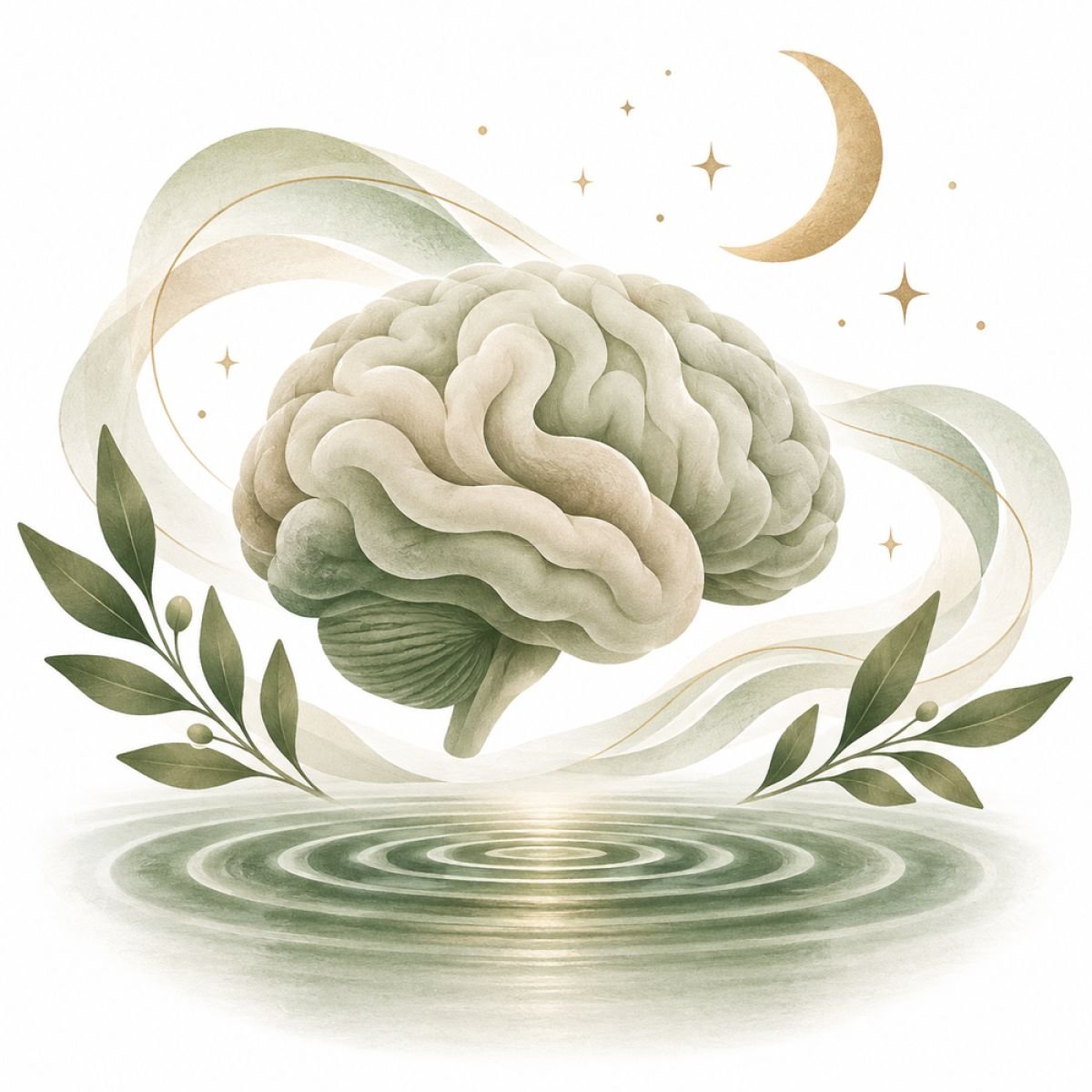 Symbolisches Gehirn mit Mond und Wasser für Erholung im Schlaf