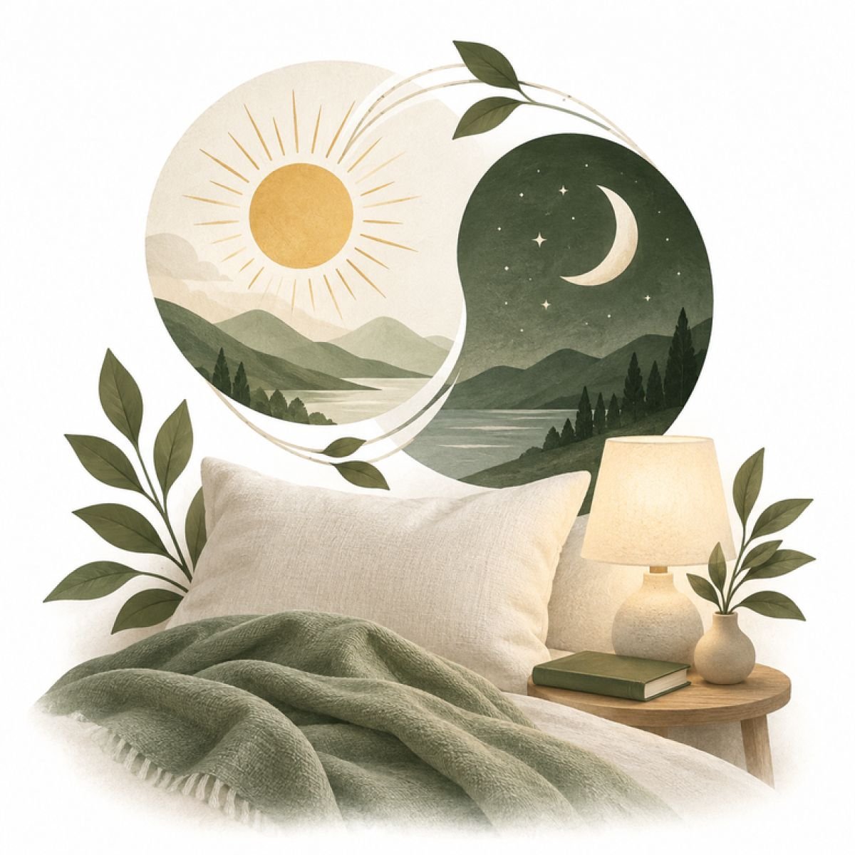 Tag-Nacht-Kreis mit Bett und Lampe als Symbol für den Schlafrhythmus