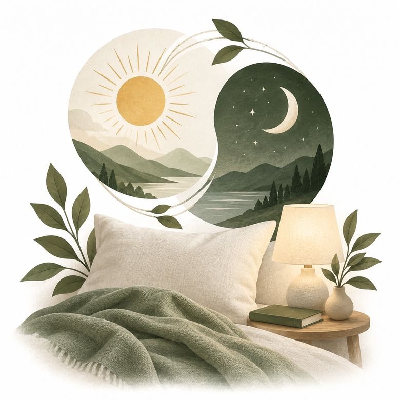 Tag-Nacht-Rhythmus mit Bett und Lampe – Illustration zu Schlafhygiene und Routinen