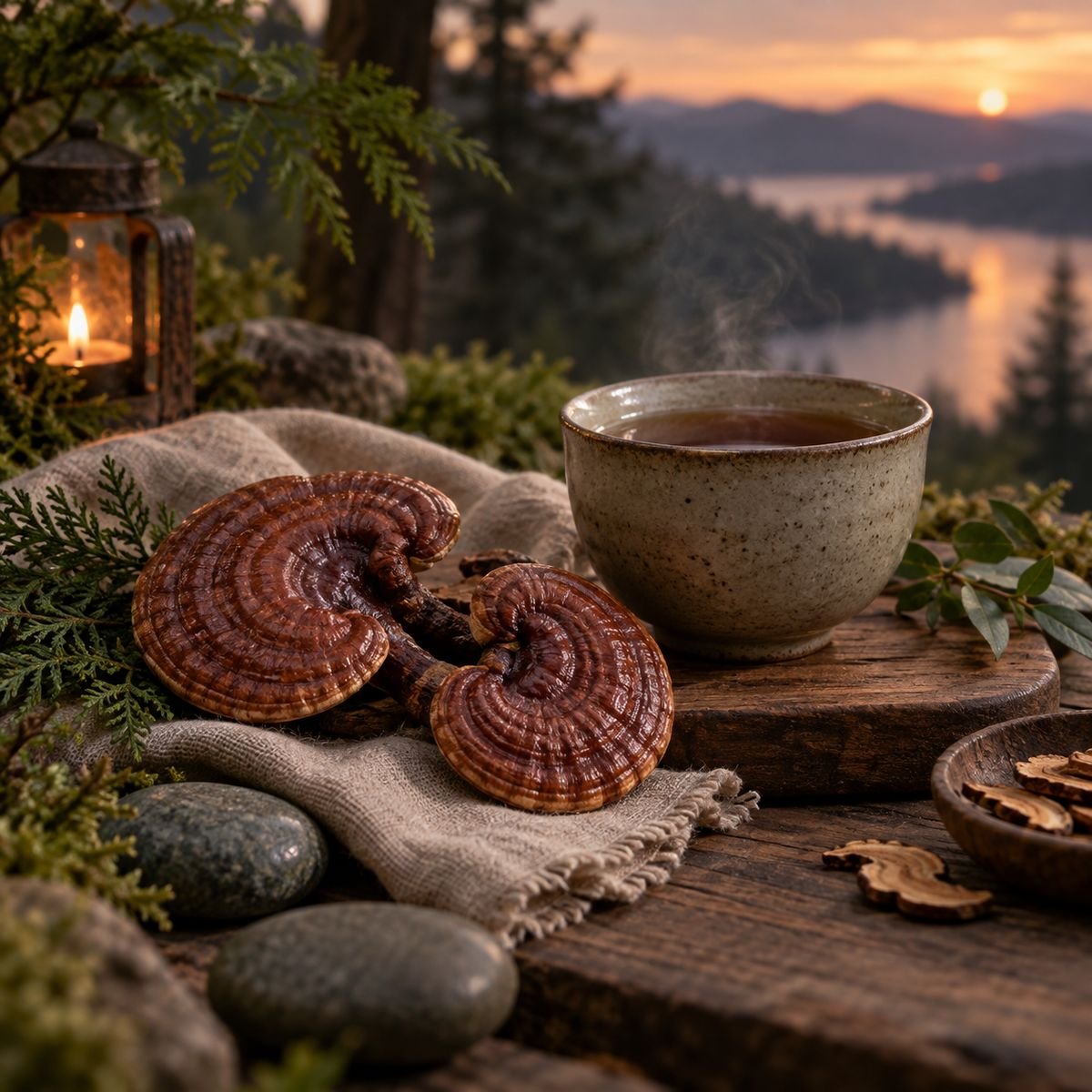 Reishi-Pilze neben einer warmen Tasse am Abend