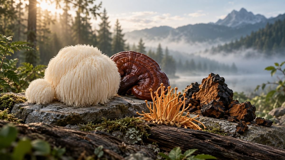 Auswahl verschiedener Vitalpilze in natürlicher Umgebung