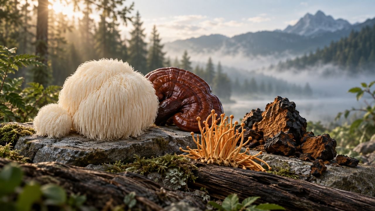 Löwenmähne, Reishi, Chaga und Cordyceps vor einer ruhigen Berglandschaft