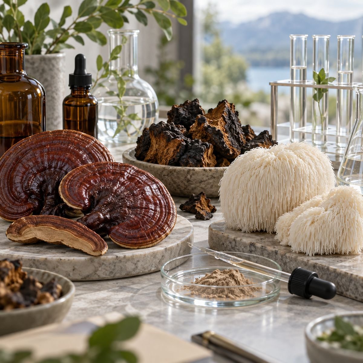 Verschiedene Vitalpilze in einer hellen, naturverbundenen Laborumgebung