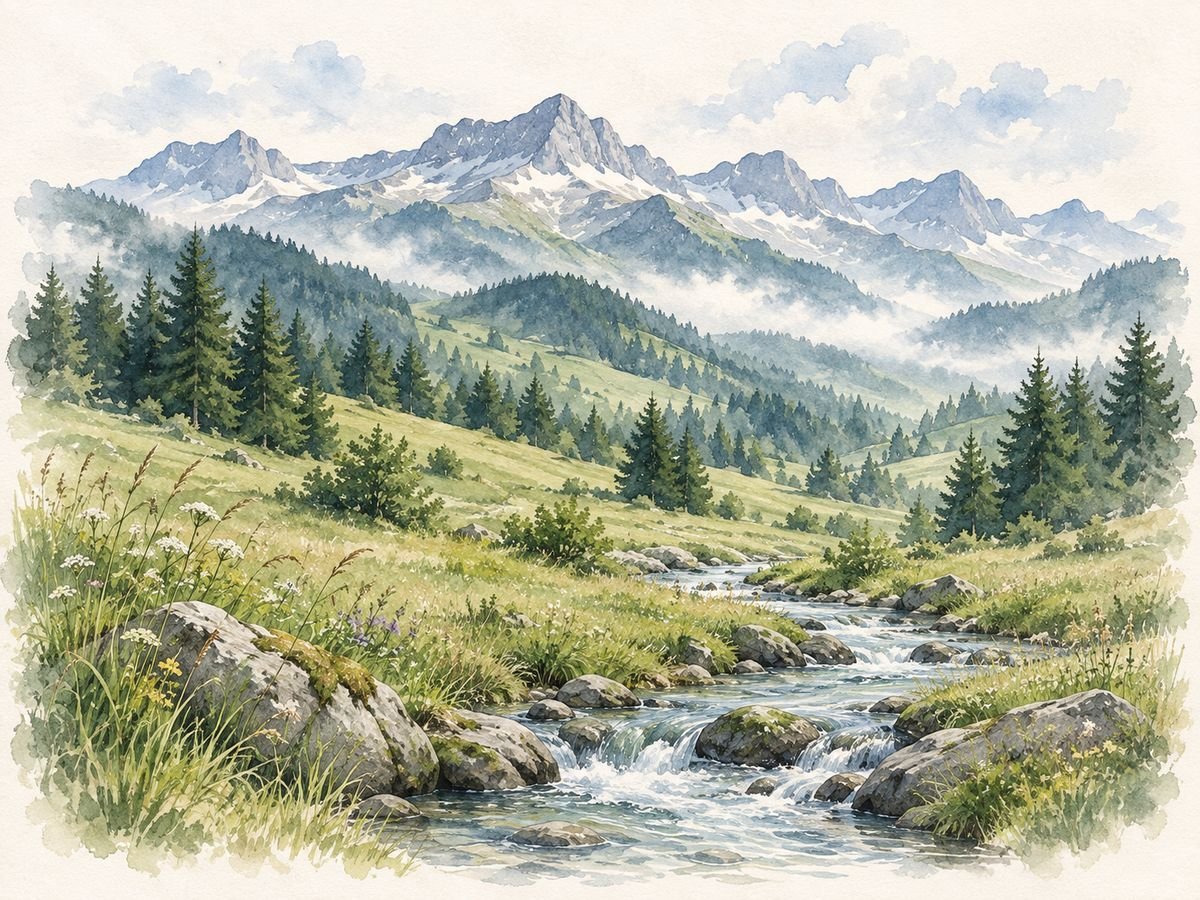 Aquarell einer Voralpenlandschaft mit Bergen, Tannenwald, Wiesen und Bach