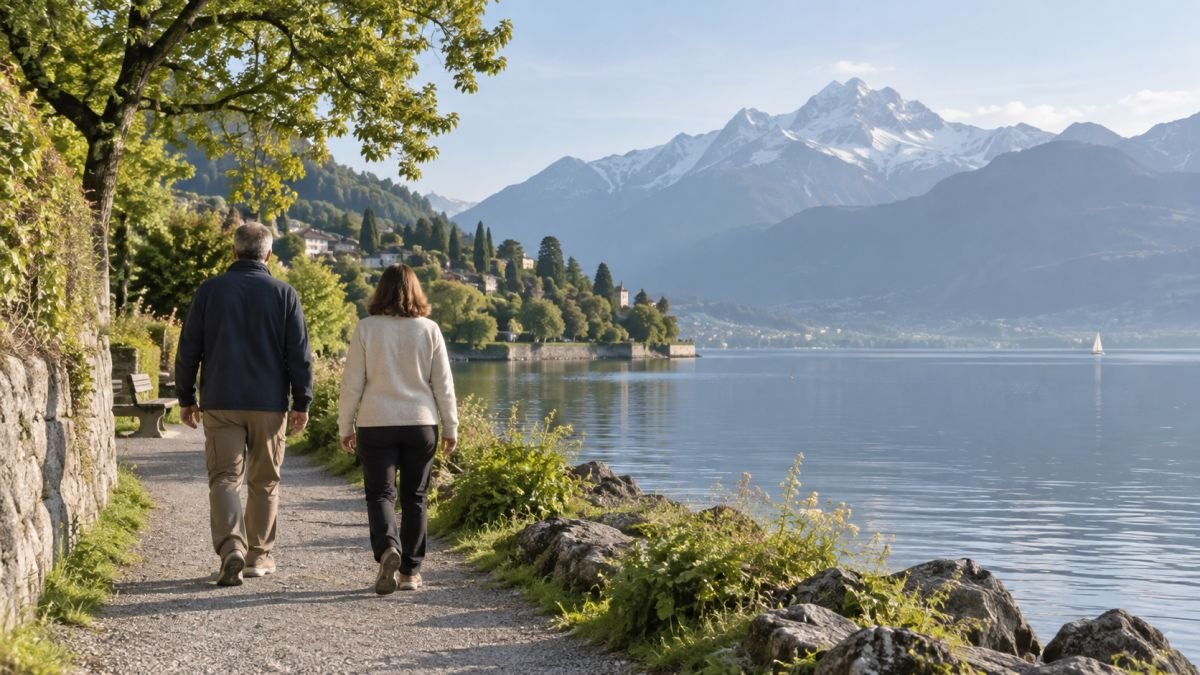 Zwei Menschen spazieren am See vor Bergkulisse