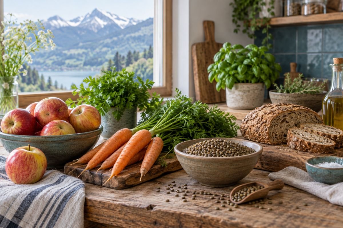 Äpfel, Karotten, Hülsenfrüchte und Vollkornbrot auf einem Küchentisch