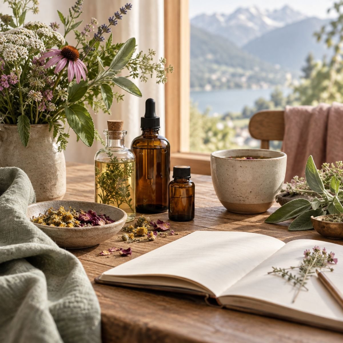 Heilpflanzen, Kräuterauszüge und Tee als Symbol für Naturheilkunde