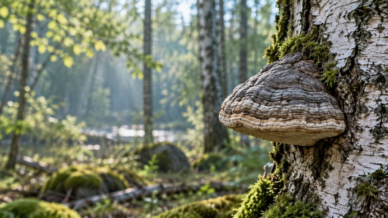 Zunderschwamm an einer Birke in einem ruhigen Wald