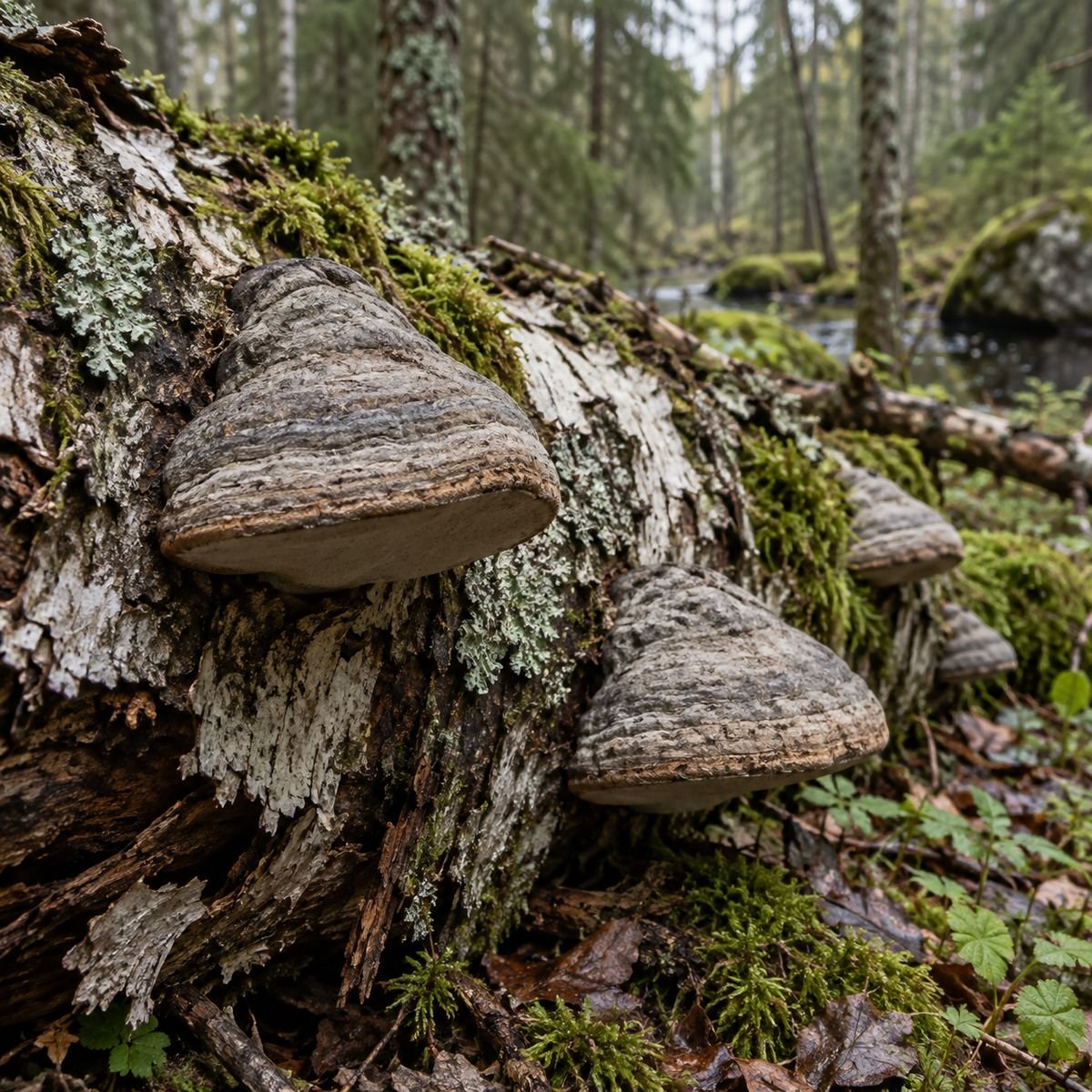 Mehrere Zunderschwämme auf einem umgestürzten Birkenstamm