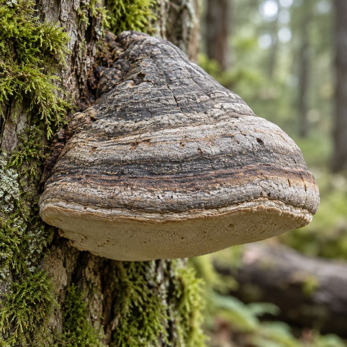 Nahaufnahme eines Zunderschwamms auf einem bemoosten Baum